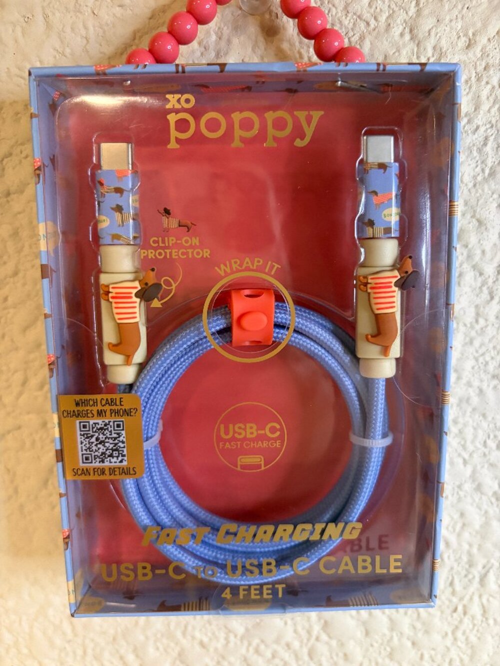 XO Poppy Dachshund Clip & Protect USB-C to USB-C Fast Charging Cable 4FT NWT